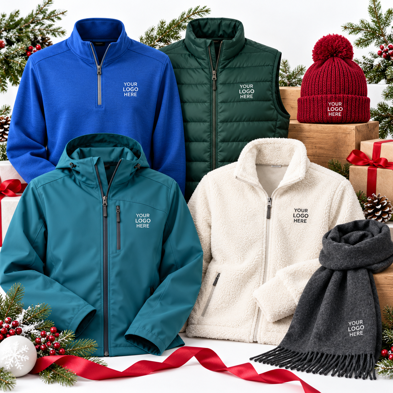 Colorful premium quarter-zips, jackets, vest and beanie branded Your Logo Here