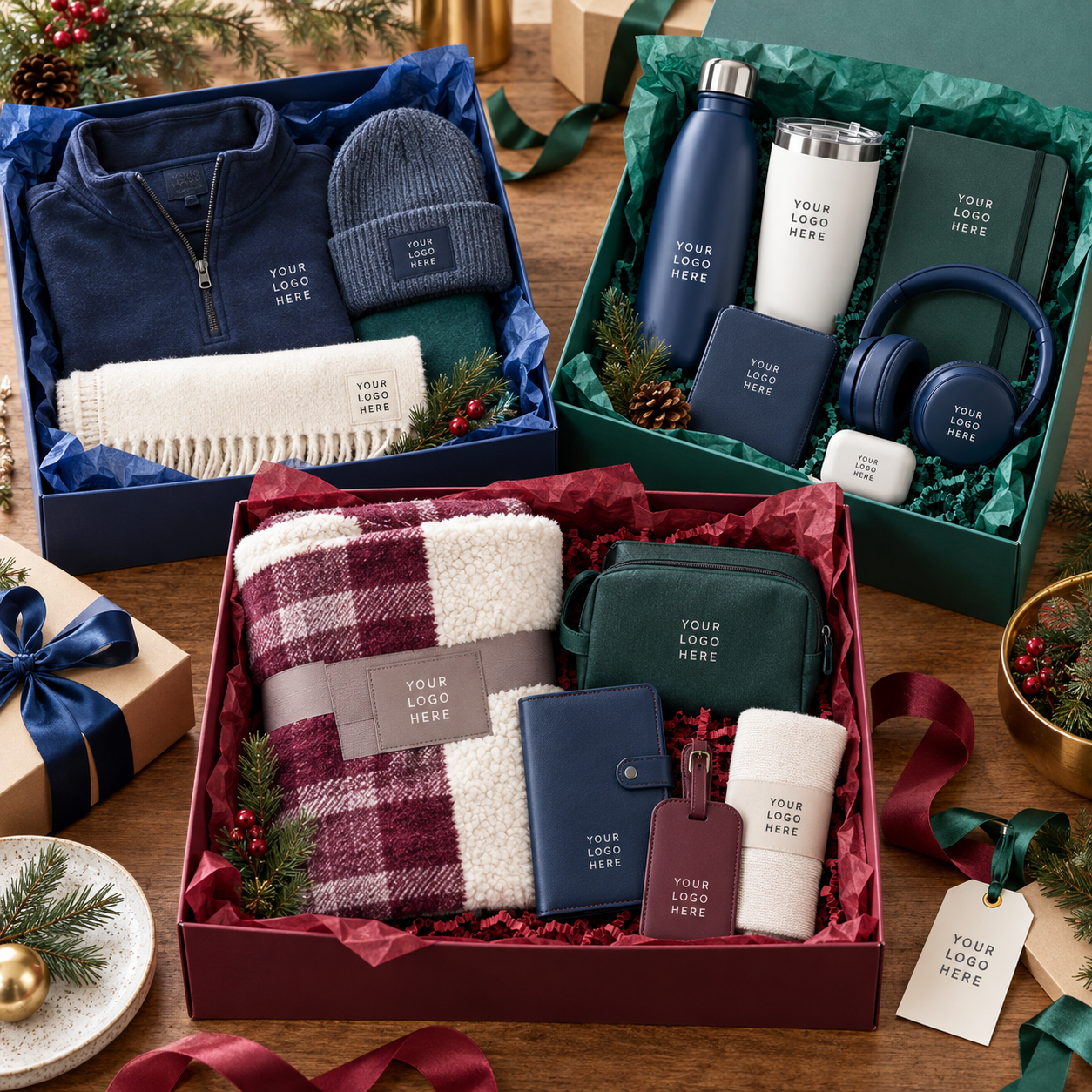 Three curated branded corporate holiday gift boxes