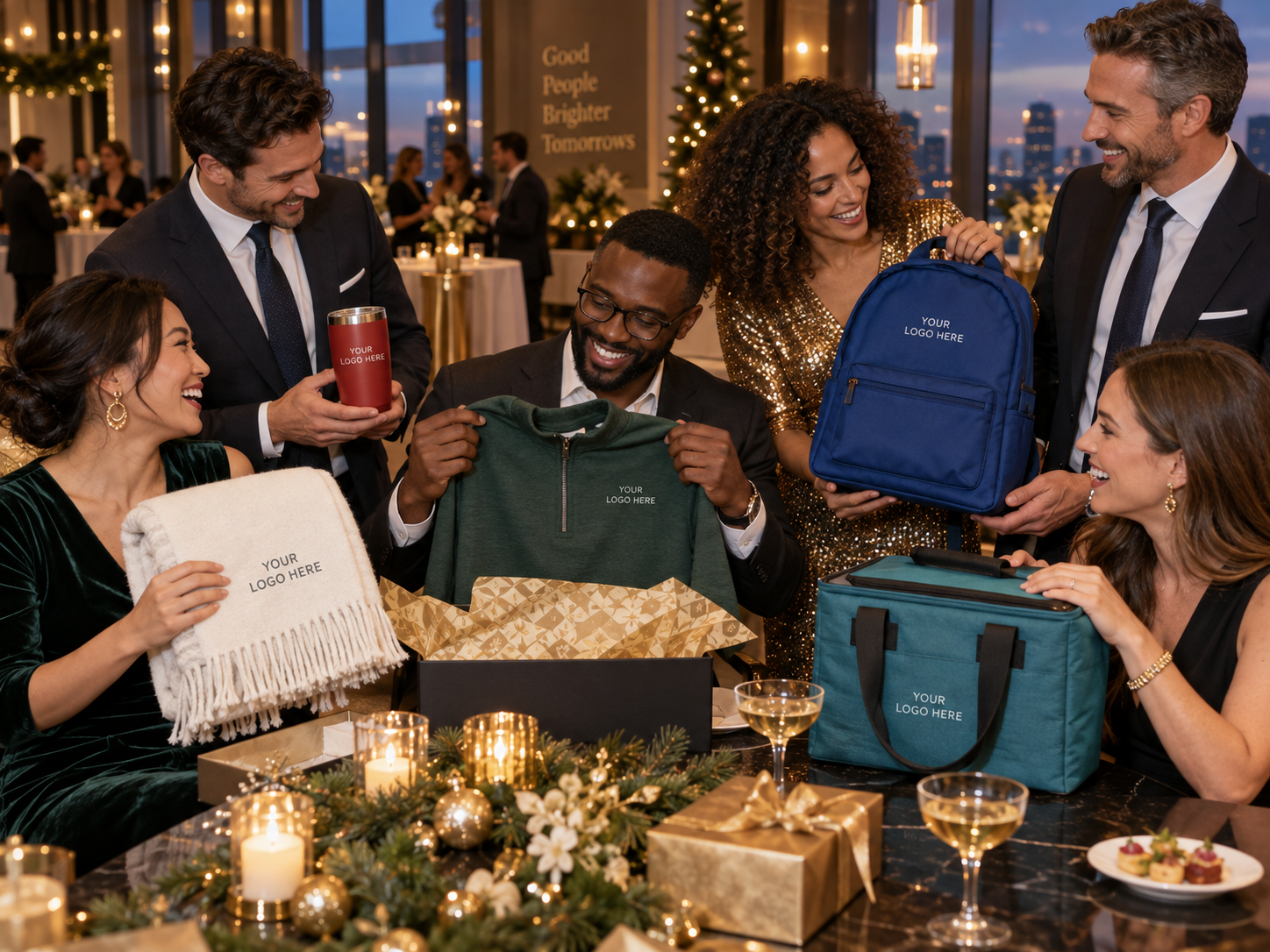 Corporate holiday party guests exchanging colorful branded gifts